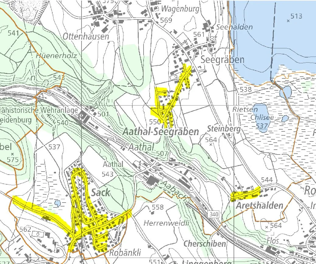 Gelb markiert die bereits realisierten und geplanten Tempo-30-Zonen in der Gemeinde Seegräben.